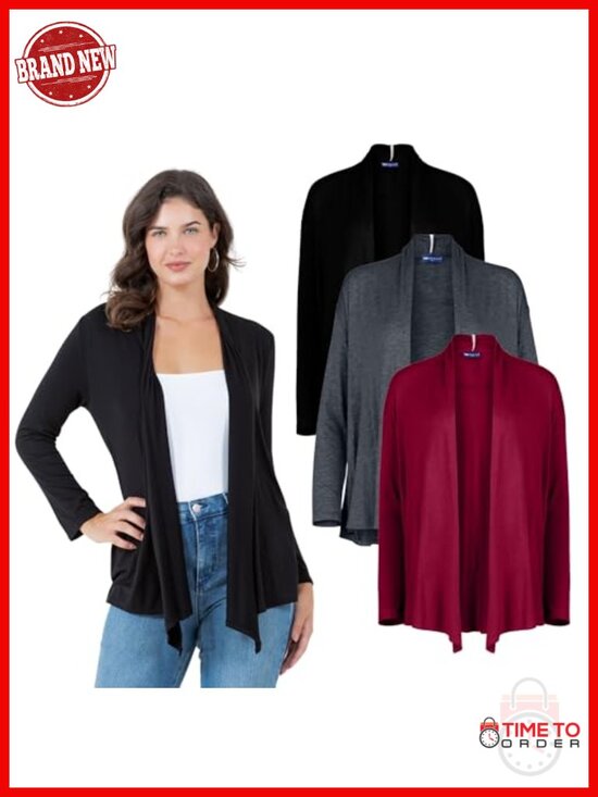 Sweaters - Rayon Spandex Long Sleeve Cardigan Lightweight Open Front Knit Sweater 3 Pack